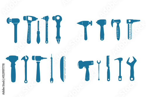 Set off tools hammer, drill, pliers and saw in black and white art silhouette form