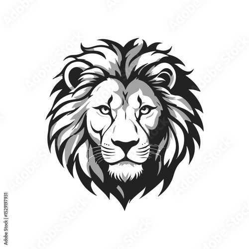 Lion's Majestic Stare: The regal lion's head, a symbol of strength and dominance, is rendered in striking monochrome tones. Its intense gaze and intricate mane capture the untamed spirit of the wild.