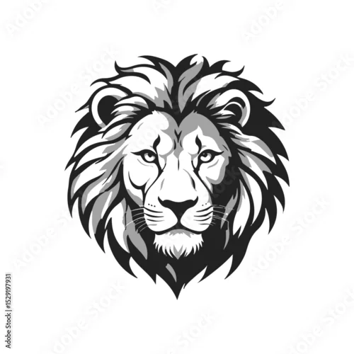 Fototapeta samoprzylepna Lion's Majestic Stare: The regal lion's head, a symbol of strength and dominance, is rendered in striking monochrome tones. Its intense gaze and intricate mane capture the untamed spirit of the wild.