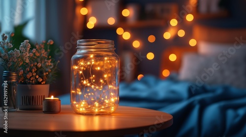 Cozy Nights: Enchanting interior scene with a jar of glowing fairy lights and a lit candle, creating a warm and inviting atmosphere.