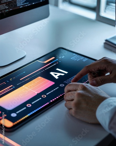 Close-up of a person's hands using a digital tablet displaying a vivid artificial intelligence interface with data graphs in a modern tech workspace