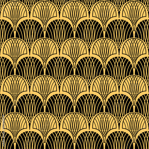 Art Deco black and yellow seamless pattern. Geometric decorative texture with arches. Vector vintage background.