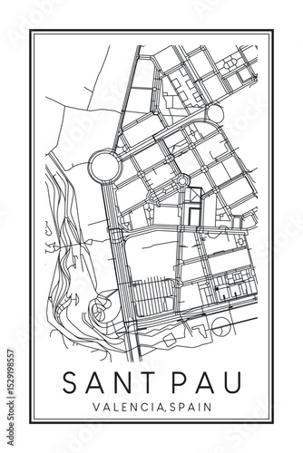 Hand drawn printable downtown road map poster of district SANT PAU of the Spanish city of VALENCIA on solid white background with city name