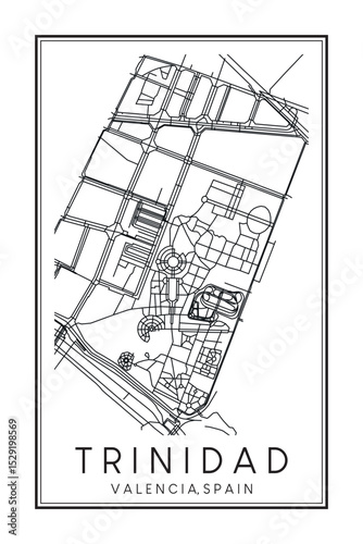 Hand drawn printable downtown road map poster of district TRINIDAD of the Spanish city of VALENCIA on solid white background with city name