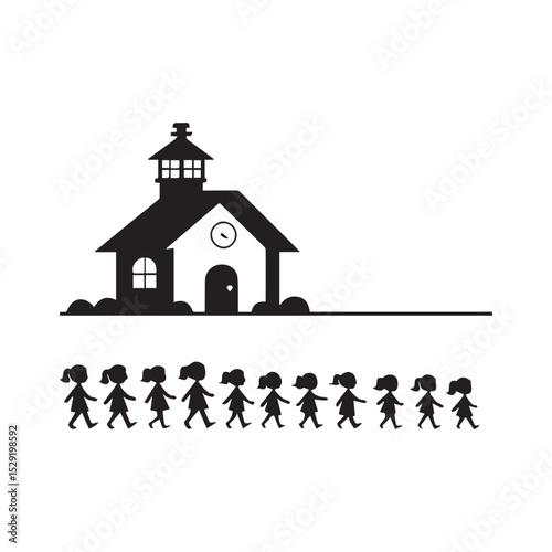 School's Out: Silhouette of a school with a line of children walking towards the school, symbolizing the start of a new day, conveying themes of education, learning, and youthful journeys.