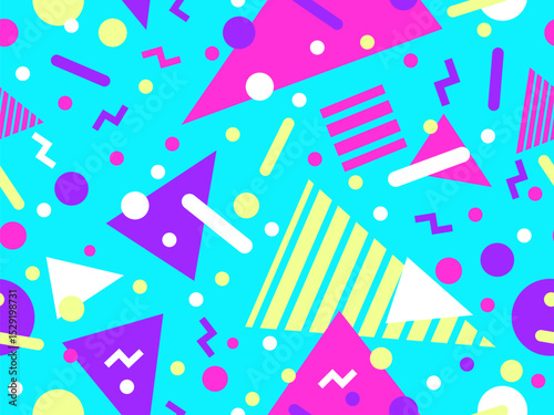 Geometric seamless pattern with memphis elements in 80s style. Colorful pattern with different geometric shapes. Design for packaging, covers, wrapping and promotional products. Vector illustration
