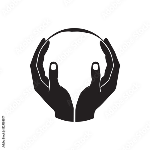 Protective Embrace: A silhouette of two hands cradling a sphere, symbolizing care, protection, and unity in a visually striking, high-contrast graphic.