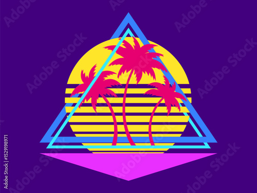 Retro futuristic sunset with palm trees and triangle in 80s style. Sci-fi palm trees at sunset in synthwave and retrowave style. Design for print, banners and posters. Vector illustration