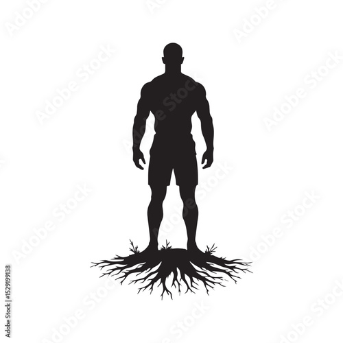 Man Rooted in Strength: A muscular, stoic silhouette of a man stands firmly atop a network of roots, a powerful symbol of grounded strength, stability, and deep connection to the earth.