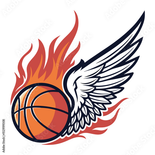Design a fiery basketball with dynamic wings in motion, suitable for a logo.  Isolate the design on a transparent background for versatile use.