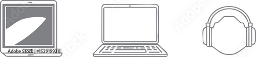 Collection of vector line art icons of electronic devices: laptops, cameras, mobile phones, and others. Minimalist and clean style, suitable for UI/UX, mobile apps, technology websites, and digital pr