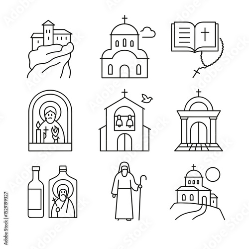 Greek religious symbols including churches and icons in vector style  