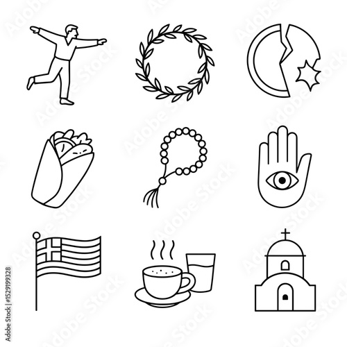 Greek cultural icons including food, drink, and traditional symbols  