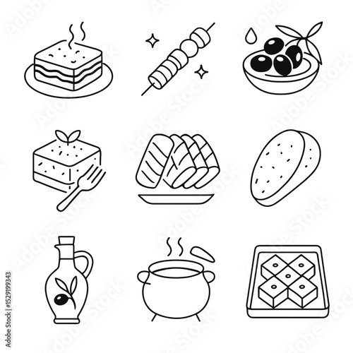Greek food icon set in minimal line art style for culinary design  