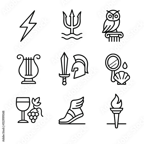 Greek mythology symbols illustrated in a vector icon set  