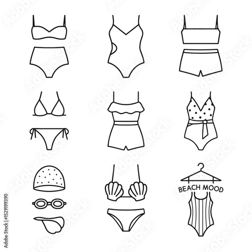 Line drawings of various swimwear styles and accessories for beach mood  