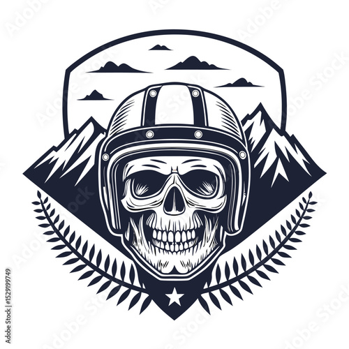 A fierce biker skull, wearing a helmet, set against a majestic mountain backdrop.  Detailed, gritty texture.