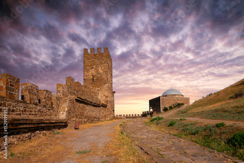 The ancient Genoese fortress in the Crimea. The Genoese fortress at sunset.Sudak city, Crimea