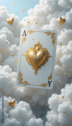 Ace of Hearts with Golden Ornate Design Floating in a Dreamy Cloudscape created by Generative AI.