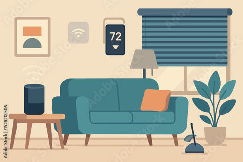Smart Home Interior. Vector illustration of modern house interior with smart devices including voice assistant, smart thermostat,