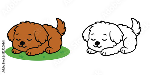Coloring Book For Kids Cartoon Fluffy pup resting peacefully Outline Vector Design