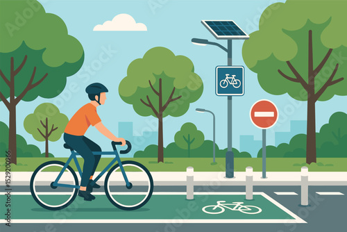 Cyclist on Solar Bike Lane. Vector illustration of a cyclist commuting along a protected bike lane lined with trees, traffic signs
