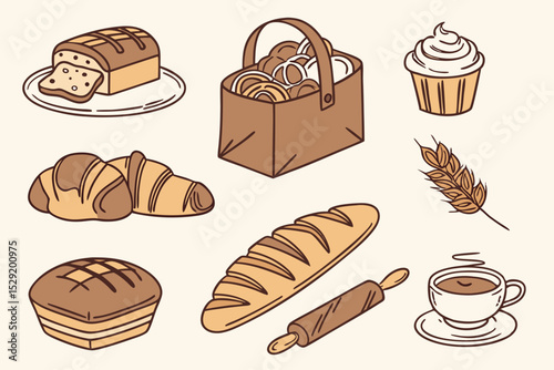 vector set of coffee and bread