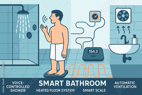 Smart Bathroom Features. Smart bathroom Vector illustration of voice-controlled shower, heated floor system, smart scale, and