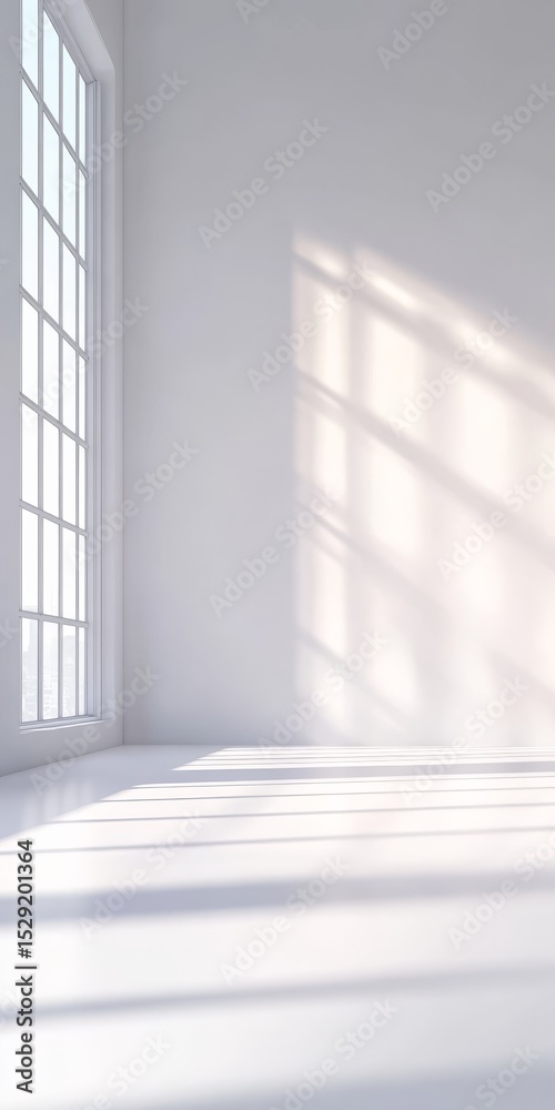 Obraz premium Bright Minimalist Interior Design Featuring Large Windows and Contrasting Sunlight and Shadows