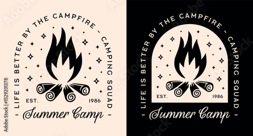Summer camp squad camping crew camper badge life is better by the campfire funny quotes shirt design logo. Retro vintage aesthetic black illustration for matching friends school trip scout print.