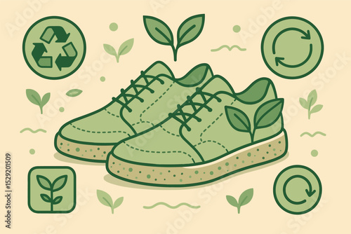 Eco-Friendly Recycled Shoes. Vector illustration of eco-friendly shoes made of recycled soles, plant-based uppers, and circular