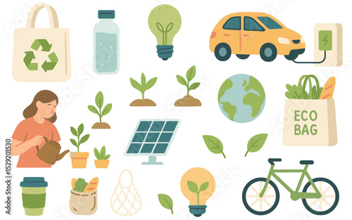 An illustration of sustainable lifestyle choices for an eco friendly future and healthy planet