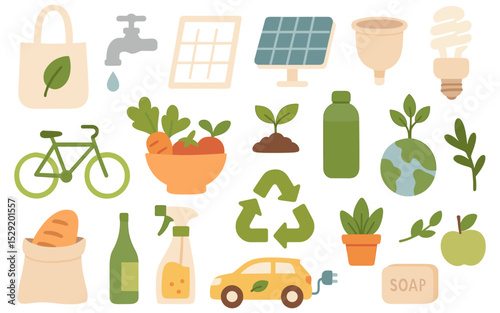 Eco friendly lifestyle illustration showcasing sustainable choices and environmental conservation methods for a better world