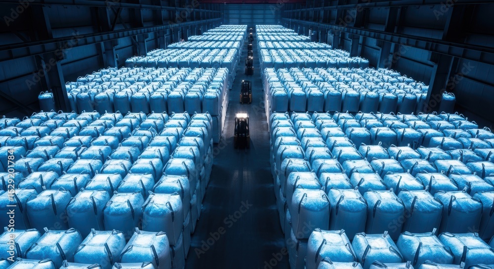 Fototapeta premium Vast industrial warehouse with rows of stacked white bulk bags and operating forklifts for logistics.