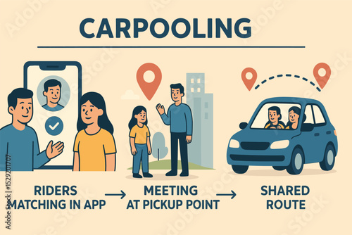 Efficient Carpooling System. Vector illustration of carpooling system showing riders matching in app, meeting at pickup point, and