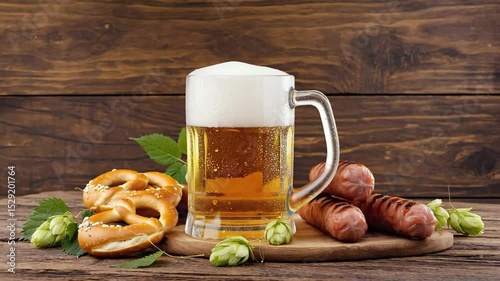 Wallpaper Mural Dynamic Still Life with Frosty Beer Mug, Pretzels, Sausages, and Hops on Wooden Table Torontodigital.ca