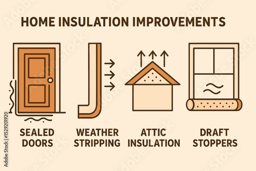 Home Insulation Enhancements. Vector illustration of home insulation improvements: sealed doors, weather stripping, attic