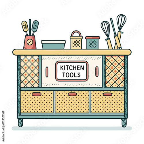 Create a vibrant cartoon illustration of a retro kitchen countertop featuring various labeled jars and containers, emphasizing a playful, vintage aesthetic with a prominent "T" label on one item.