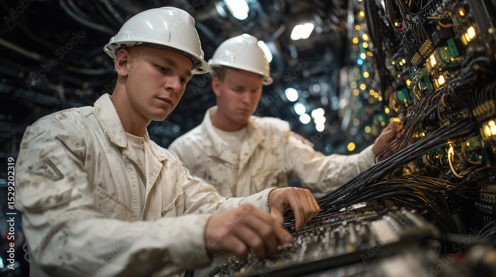 Obraz premium Navy techs wire electronic warfare systems aboard cruiser, control units glowing faintly amid metal bulkheads