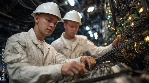 Navy techs wire electronic warfare systems aboard cruiser, control units glowing faintly amid metal bulkheads