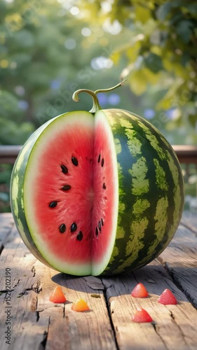 Wallpaper Mural Close-Up of Large Juicy Watermelon Cut in Half with Bright Red Flesh and Black Seeds on Rustic Wooden Table Torontodigital.ca