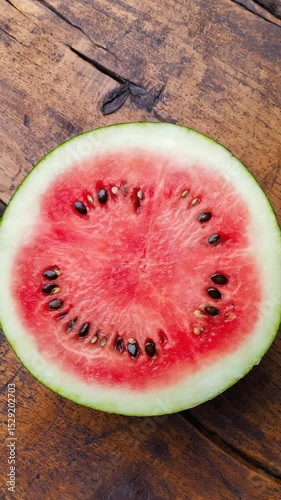 Wallpaper Mural Close-Up of Large Juicy Watermelon Cut in Half with Bright Red Flesh and Black Seeds on Rustic Wooden Table Torontodigital.ca