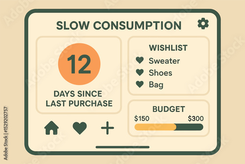 Slow Consumption Tracker. Vector illustration of slow consumption app interface showing days since last purchase, wishlist, and