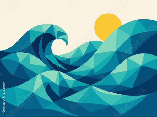 Geometric Sea Waves with Rising Sun Illustration
