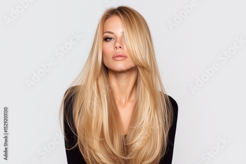 Front portrait of blonde woman with long sleek hair wearing black top on light gray background.