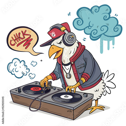 A cartoon chicken DJ, wearing headphones, expertly spinning vinyl records beneath a graffiti-tagged cloud.  ISO setting indicated.