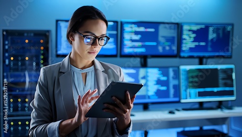 Focused Female Data Analyst Reviewing Code, Cybersecurity Expert Using Tablet, Analyzing Complex Algorithms, Software Development, Technology Professional