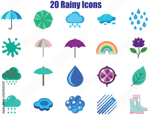 Twenty diverse rainy day illustrations isolated on white background