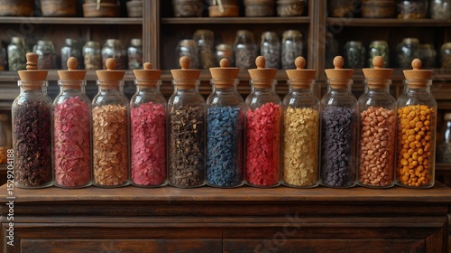  Apothecary’s Assortment: A captivating display of meticulously arranged glass jars filled with a vibrant collection of ingredients, evoking a sense of history and mystery.