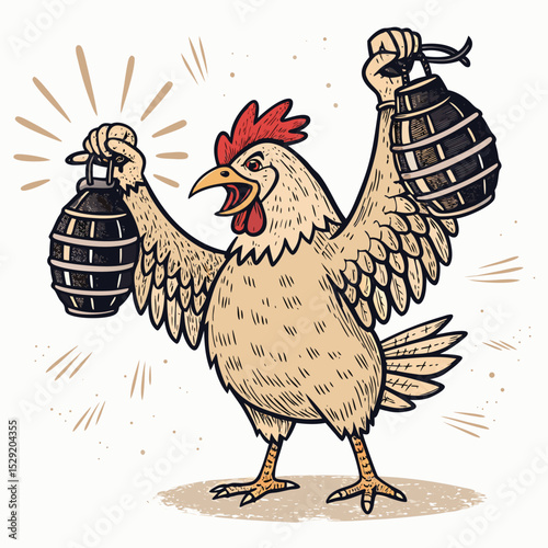 A punk-styled chicken, adorned with studs and chains, menacingly holds two eggs aloft like grenades.  Detailed, vibrant colors.